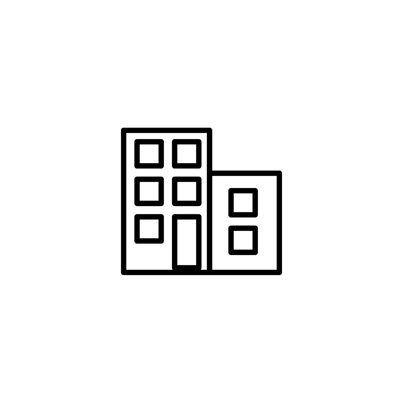 Outline drawing of two buildings, one taller than the other, with windows.
