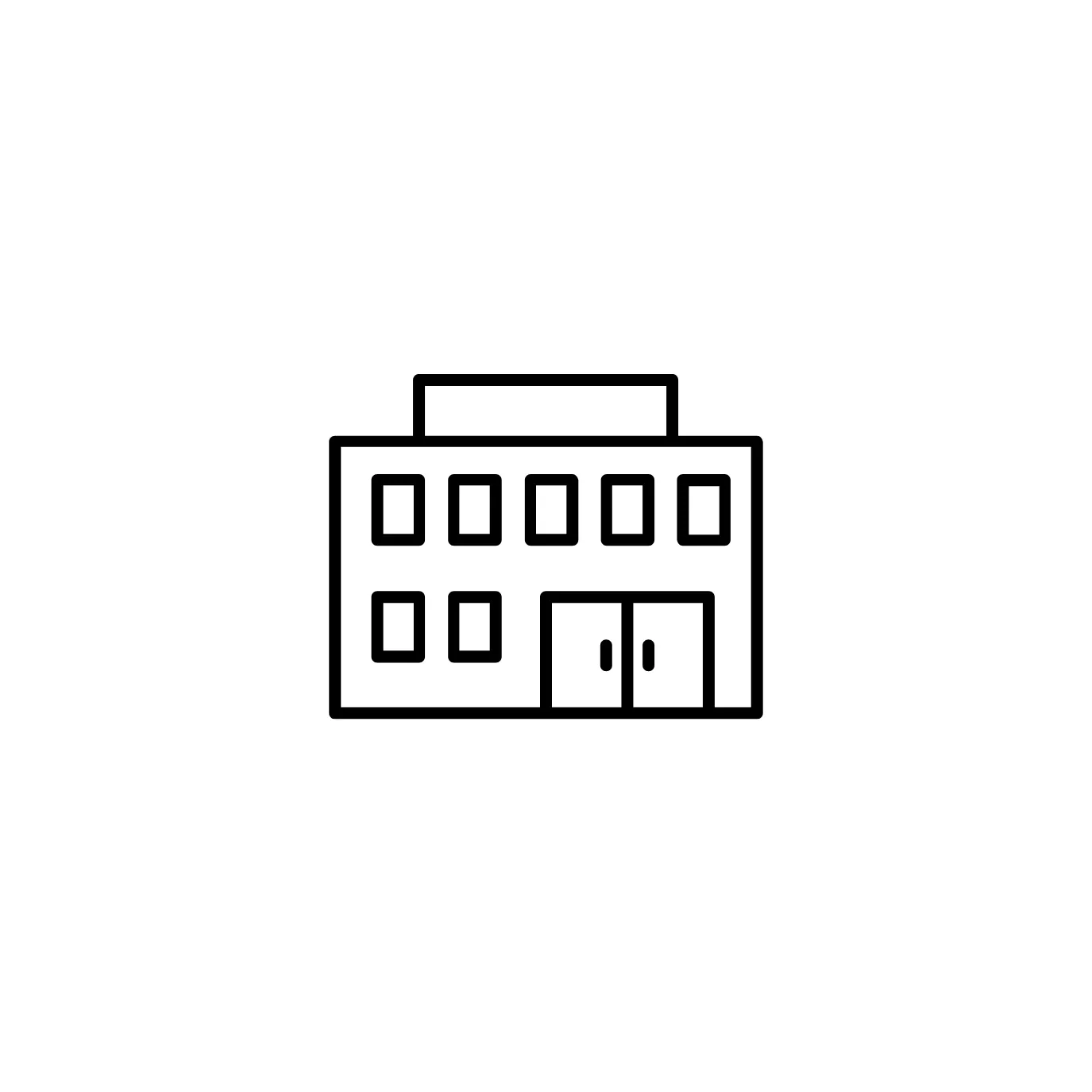 Black and white line drawing of a two-story school building with multiple windows and double doors.