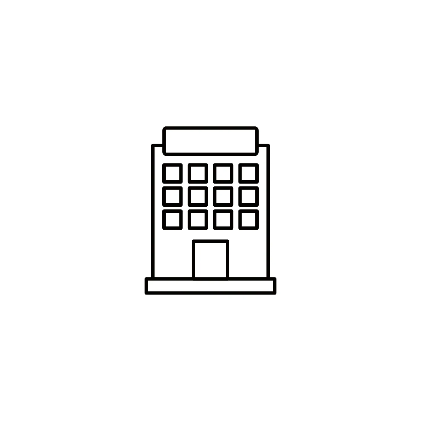 Outline of a multi-story building with a front door and multiple windows.