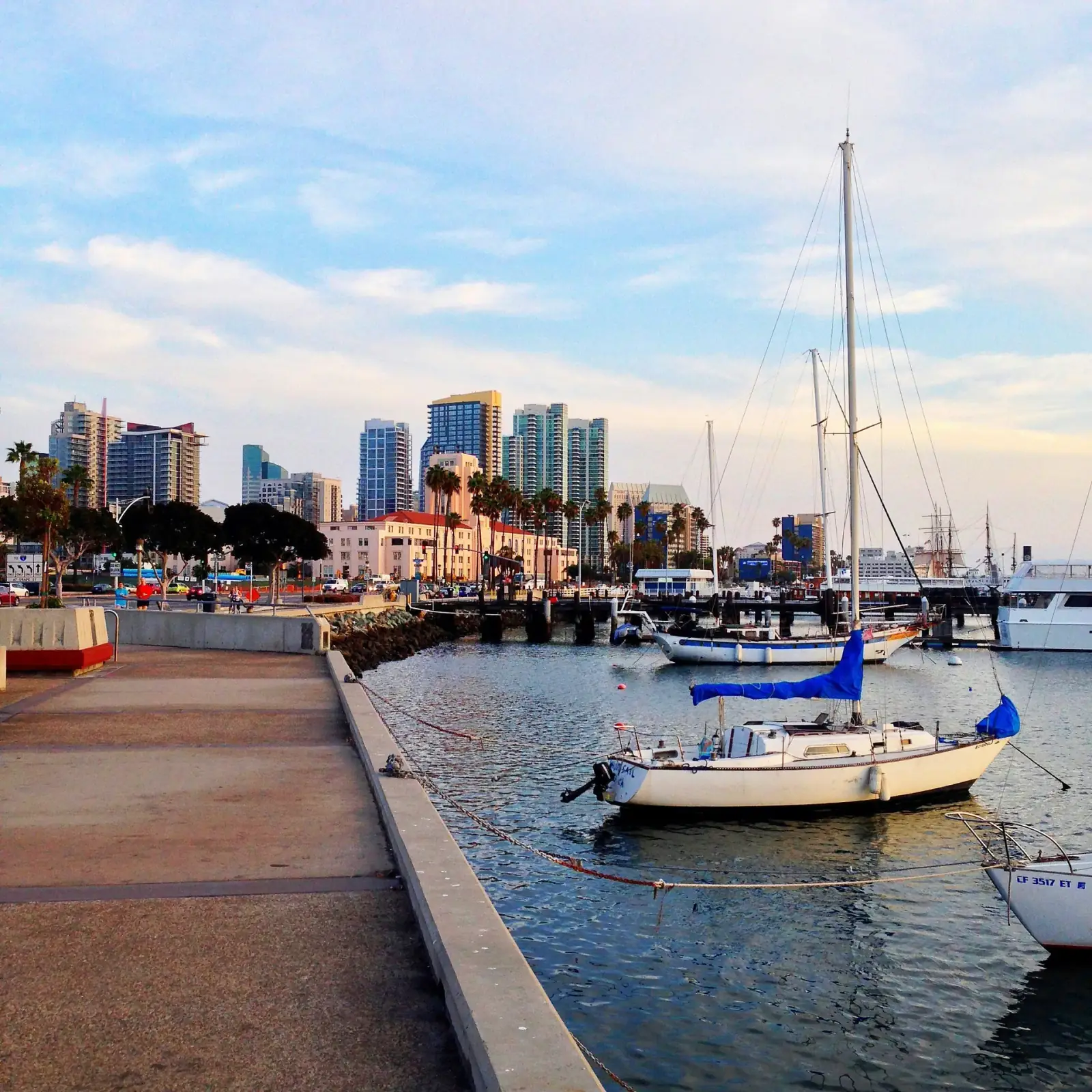 View of a marina with several sailboats docked, city skyline with tall buildings, palm trees, and a partly cloudy sky in the background.