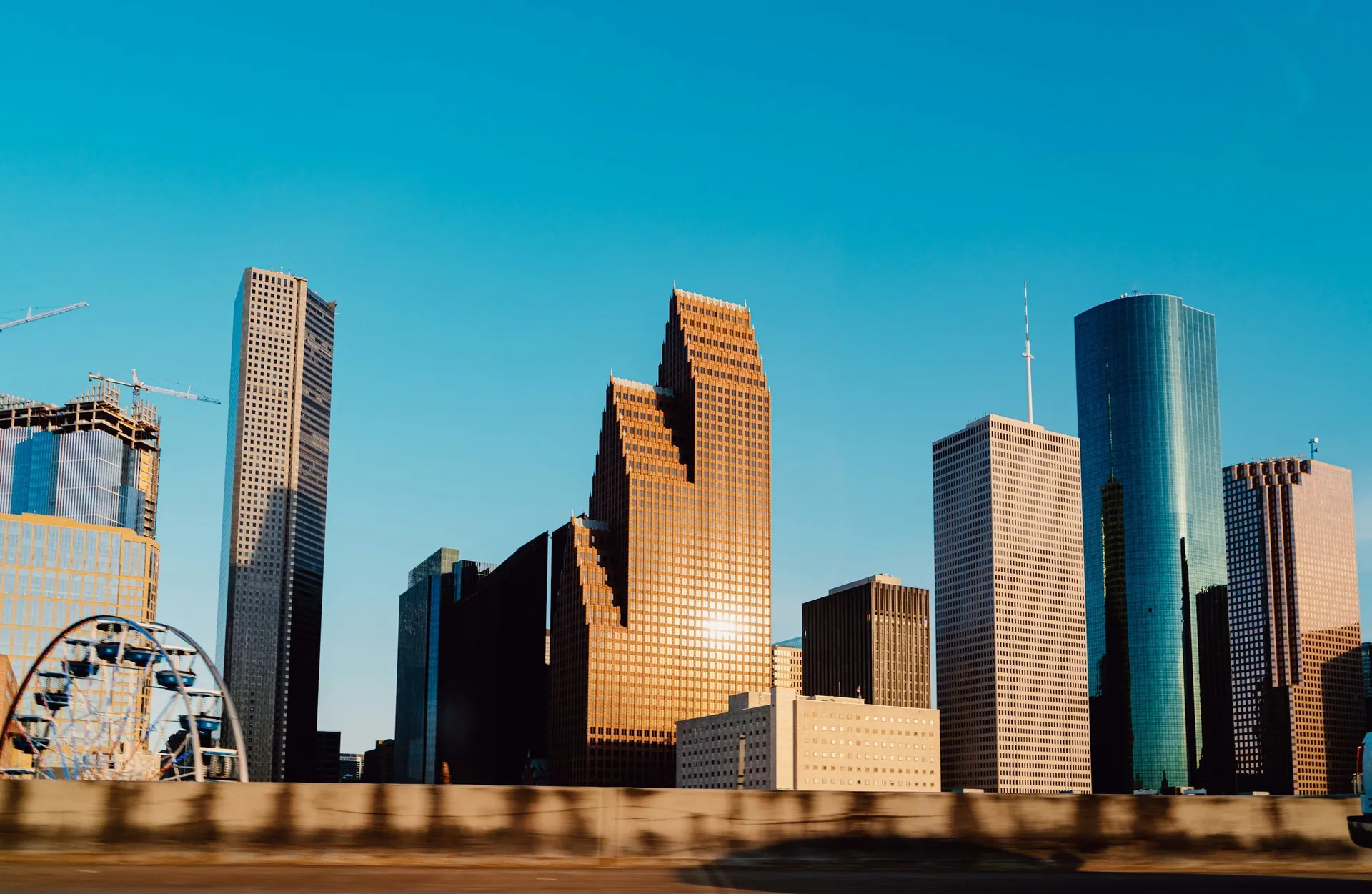 Skyline of downtown skyscrapers in a city with a clear blue sky