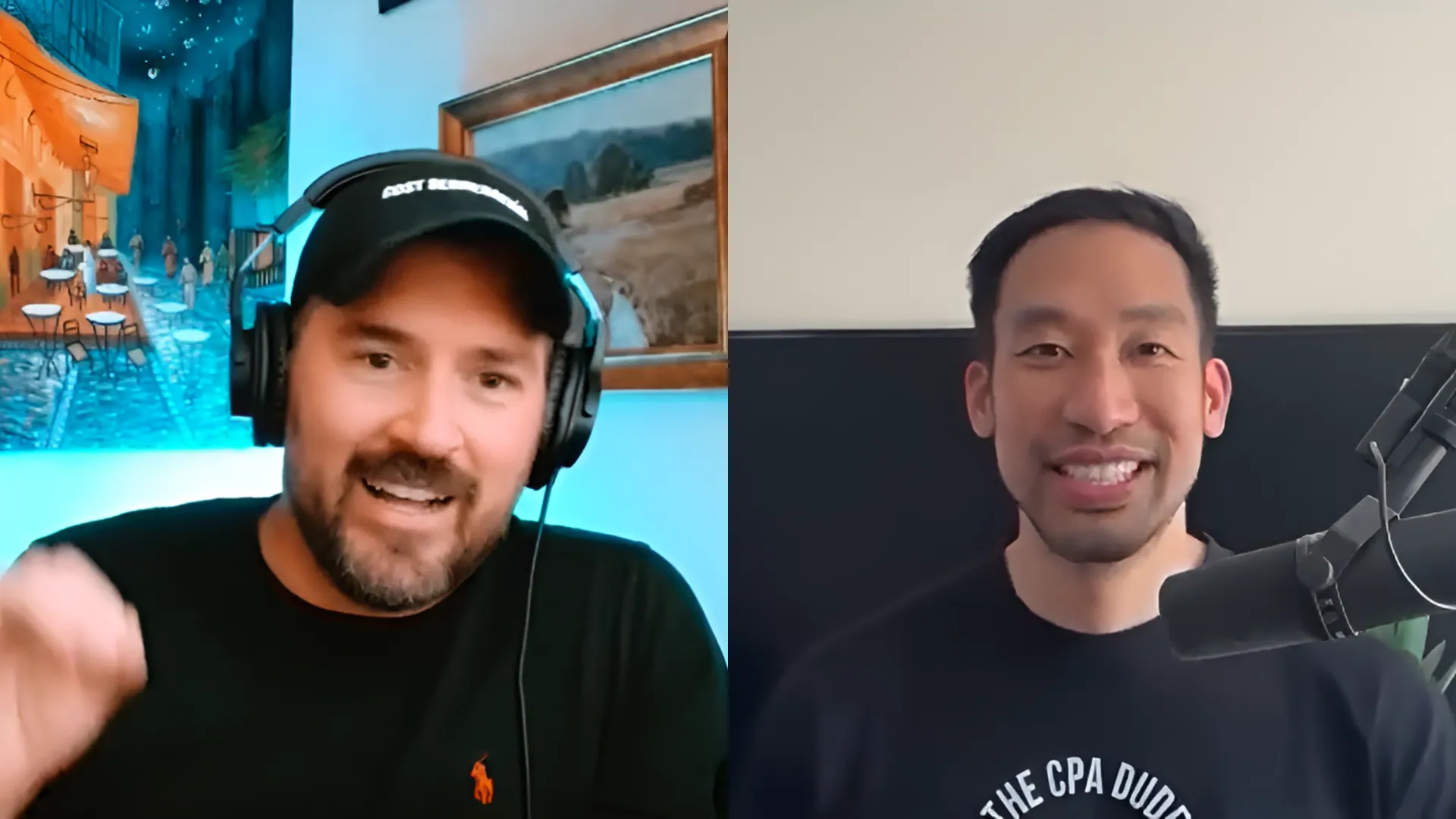 Two men participating in a video call. The man on the left has a beard, is wearing headphones and a black shirt, and is in a room with a blue mural and a landscape painting. The man on the right has short black hair, is smiling, and is in a room with a microphone and a plain wall.